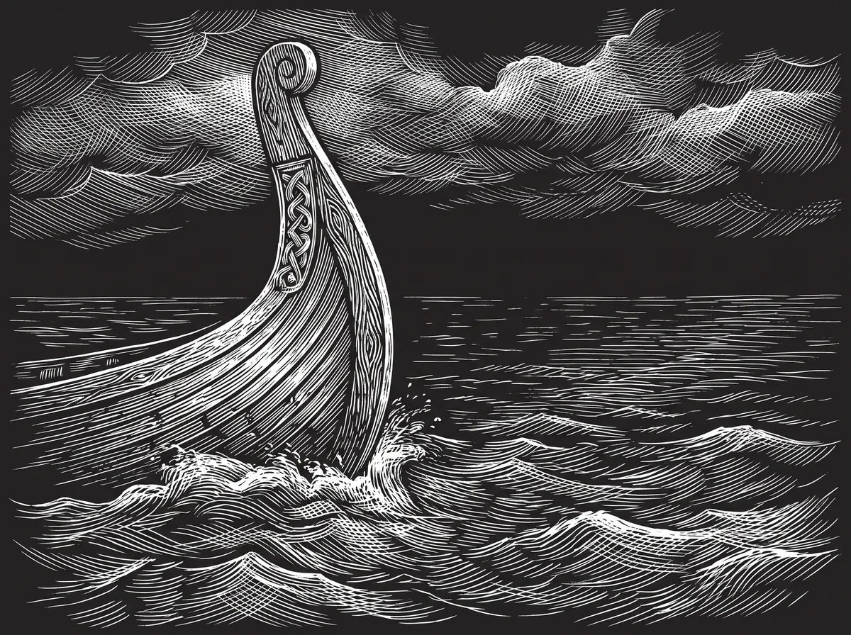 Wood engraving of the carved prow of a Norse ship rising out of heavy sea
